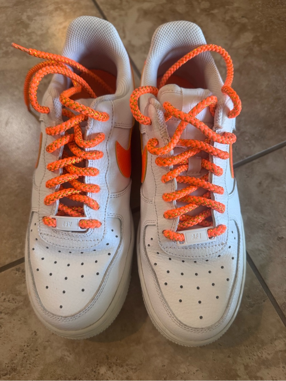 Nike Air White Sneakers with Bright Orange Swoosh and Laces. Size 8.